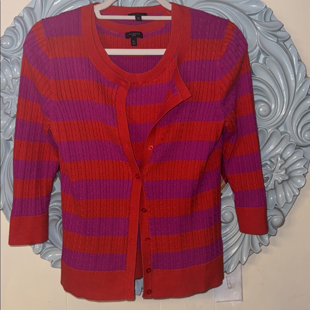 Talbots medium set: sleeveless striped sweater, matching cardigan also medium.
